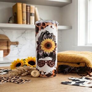 20 oz Leopard & Sunflower "Messy Bun" Skinny Tumbler